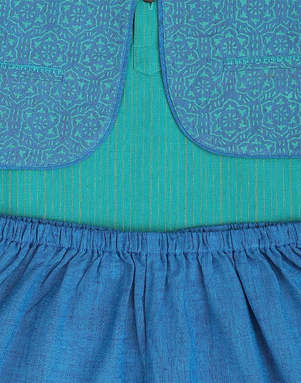Navy Cotton Hand Block Printed Jacket Kurta Set