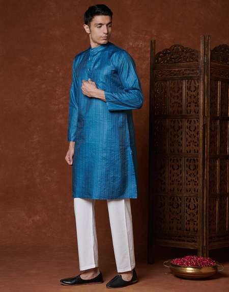 Blue Silk Striped Long Kurta1