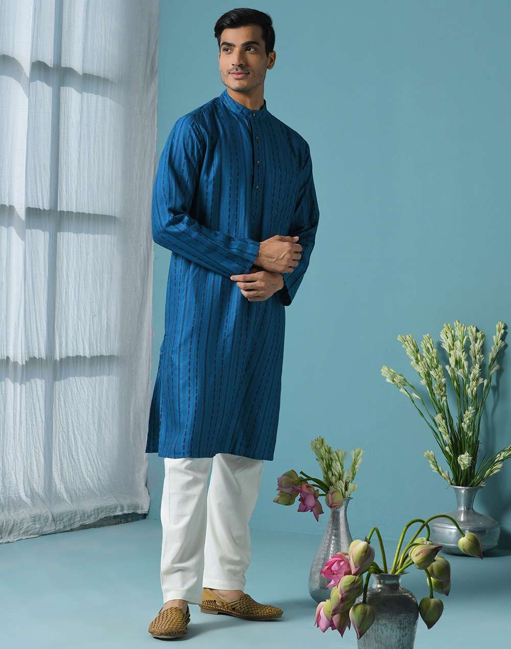 Blue Viscose Blend Geometric Long Kurta