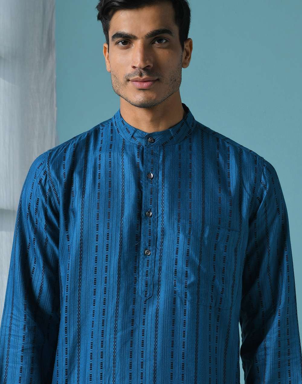Blue Viscose Blend Geometric Long Kurta