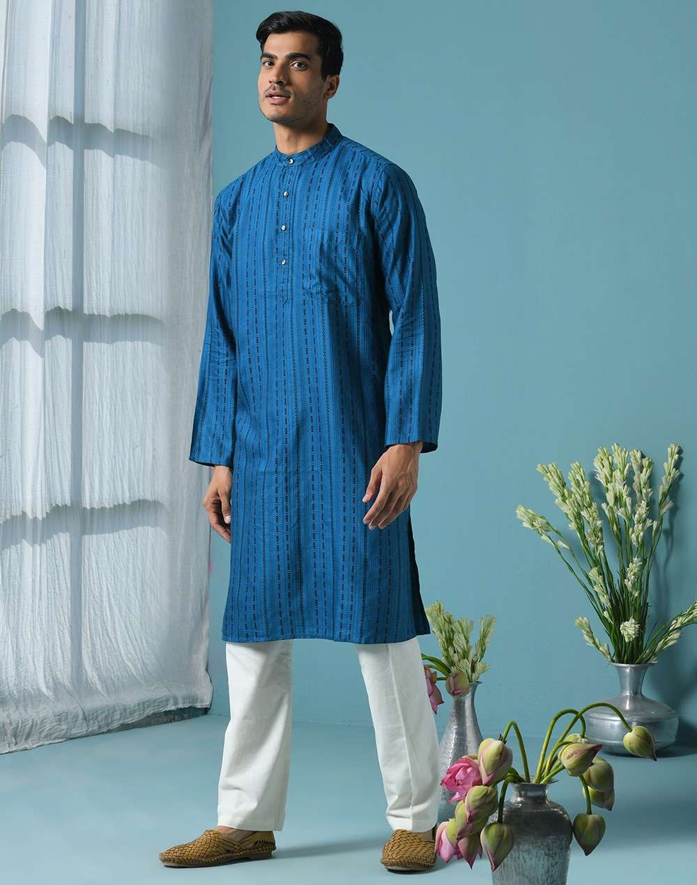 Blue Viscose Blend Geometric Long Kurta