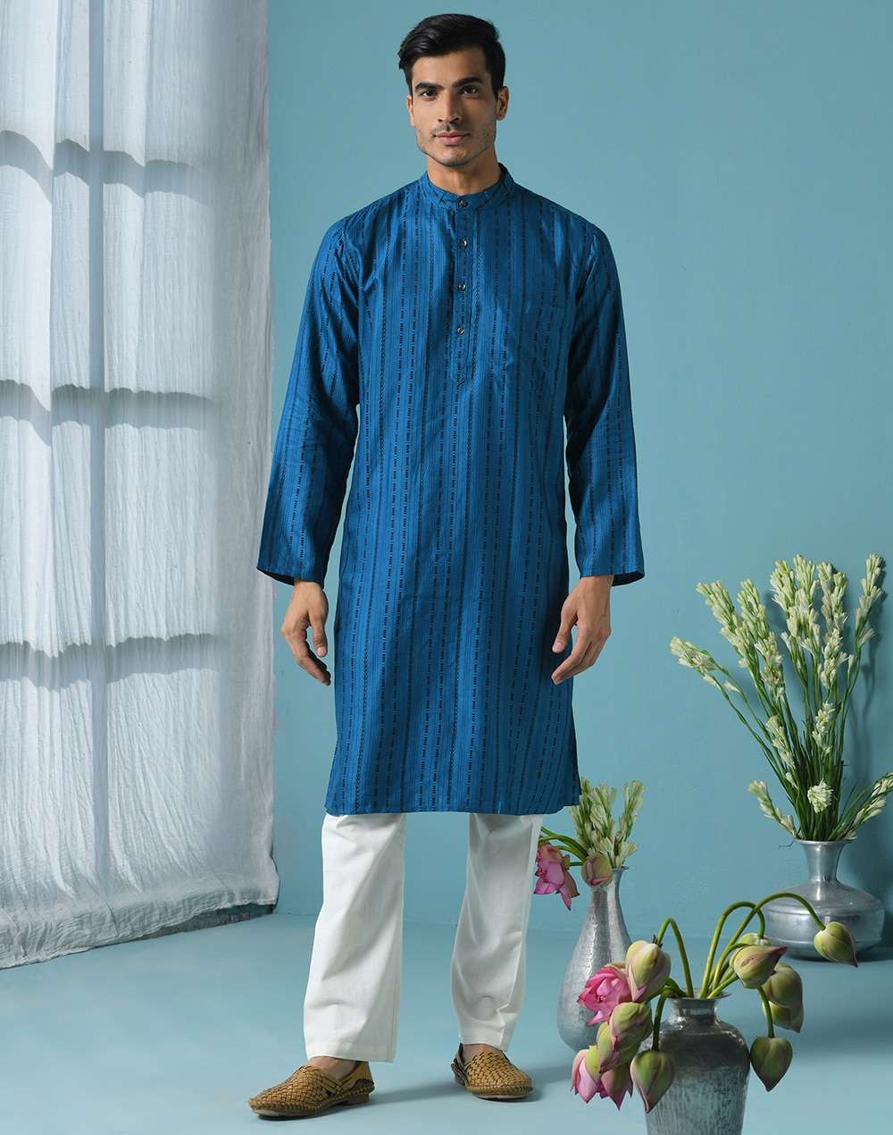 Blue Viscose Blend Geometric Long Kurta
