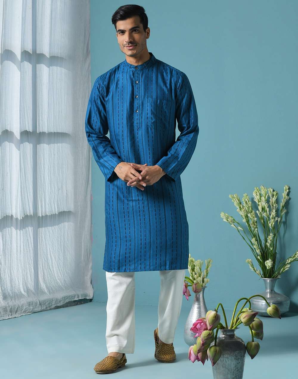 Blue Viscose Blend Geometric Long Kurta