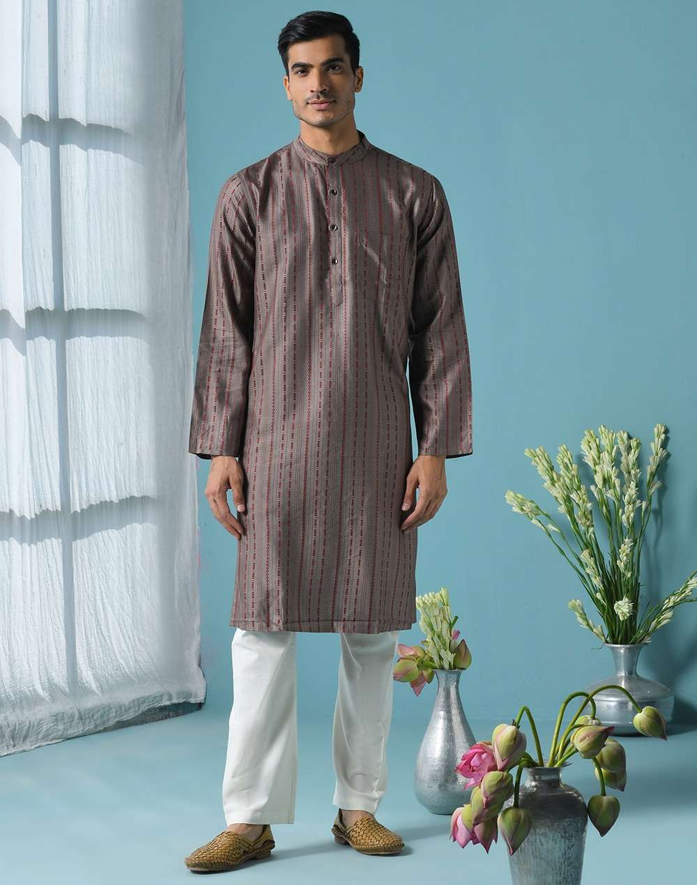 Grey Viscose Blend Geometric Long Kurta