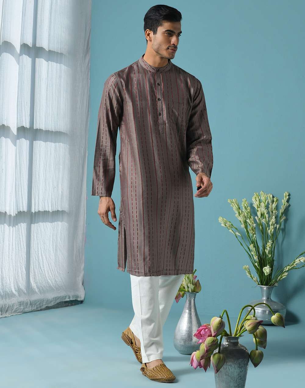Grey Viscose Blend Geometric Long Kurta