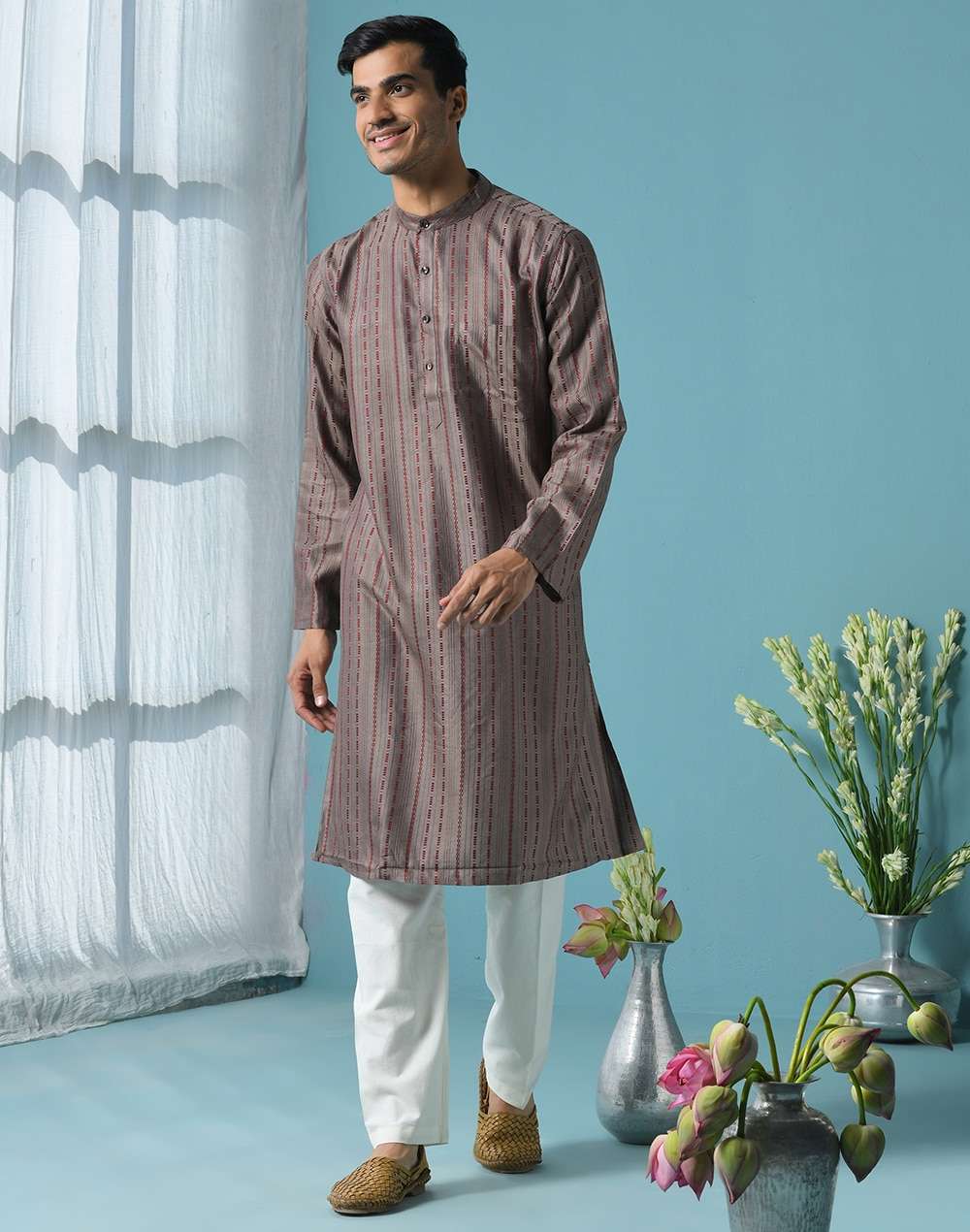 Grey Viscose Blend Geometric Long Kurta