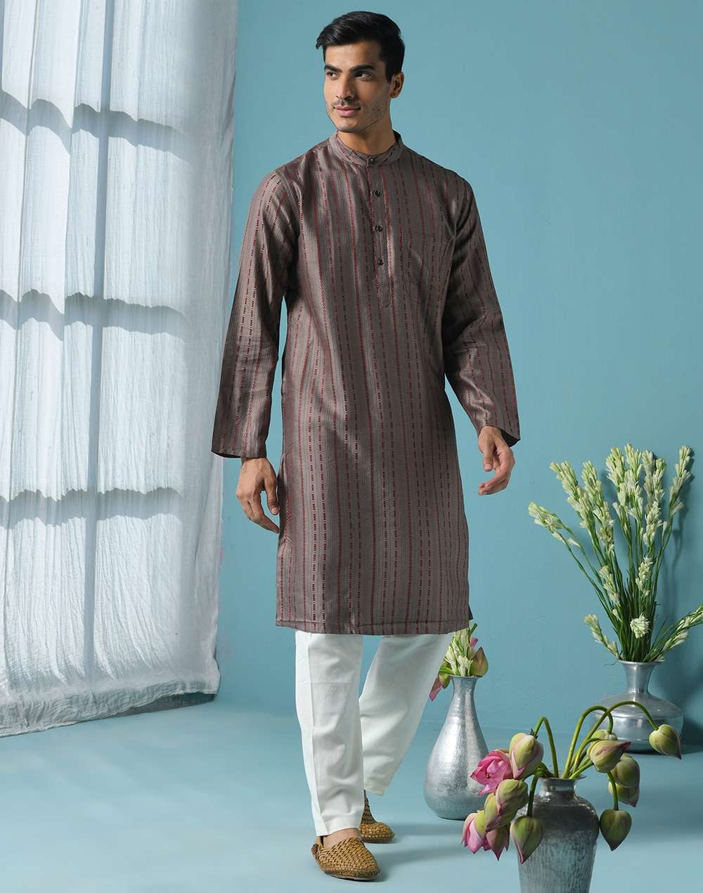 Grey Viscose Blend Geometric Long Kurta