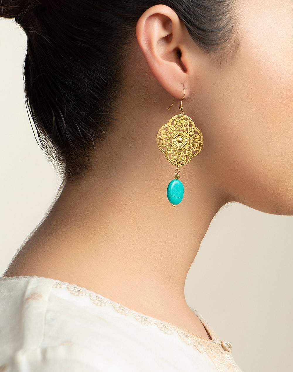 Metal Turquoise Golden Dangler Earrings