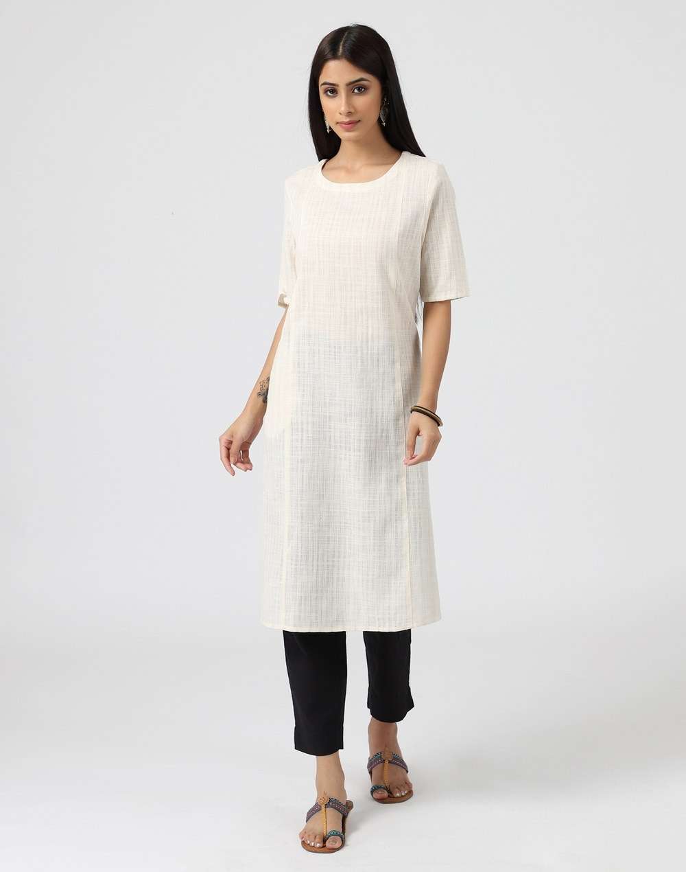 Cotton Top Stitch Knee Length Kurta