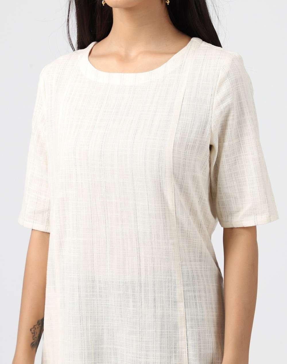 Cotton Top Stitch Knee Length Kurta
