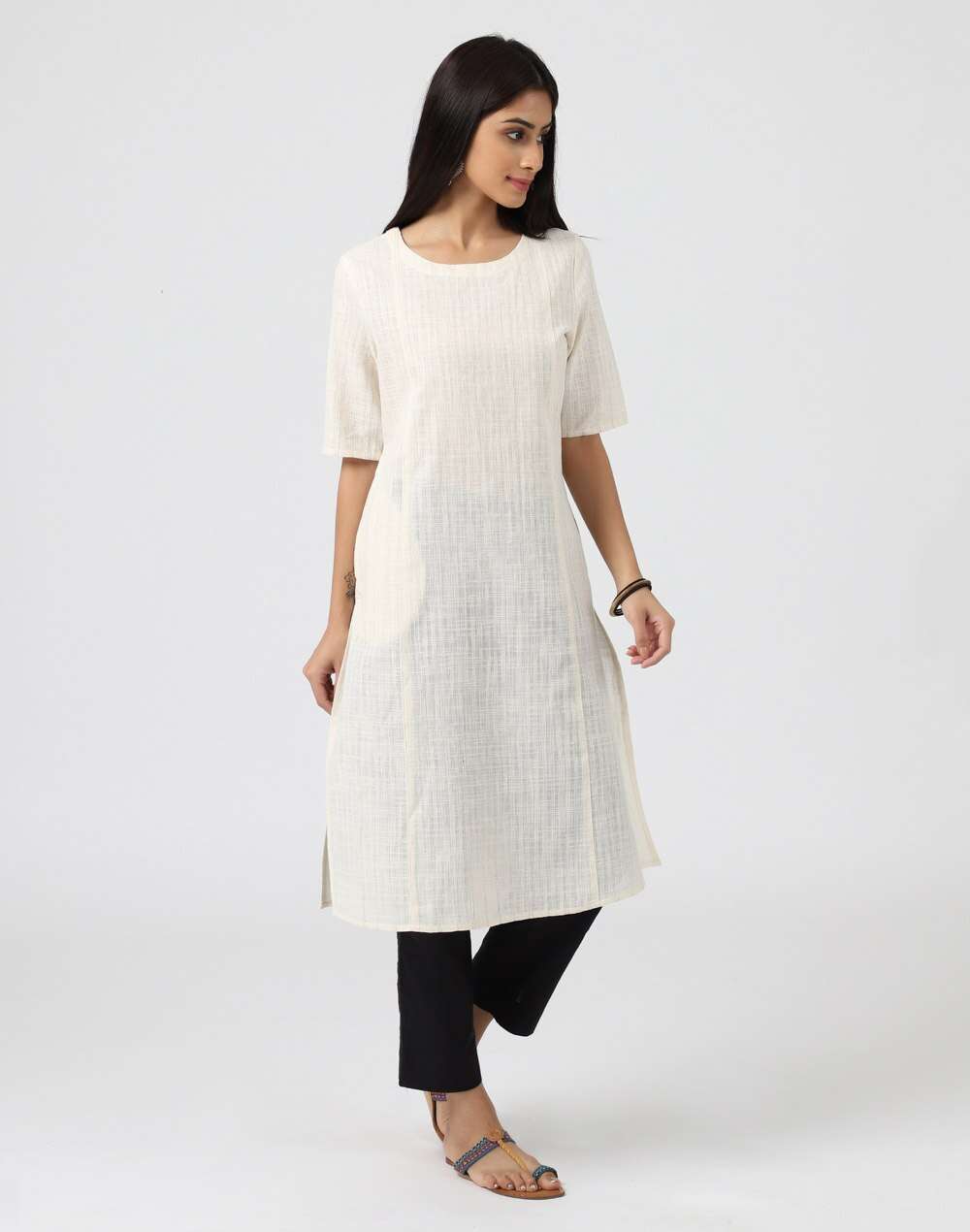 Cotton Top Stitch Knee Length Kurta