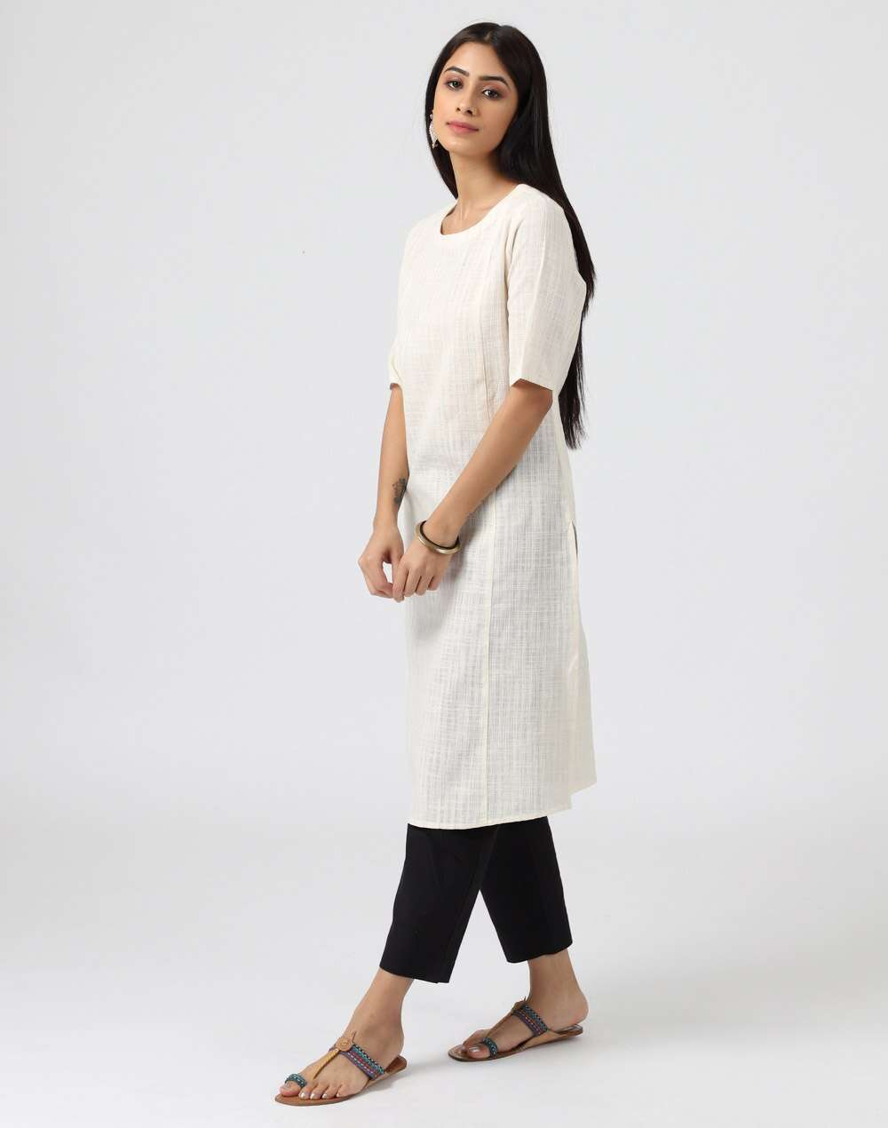 Cotton Top Stitch Knee Length Kurta