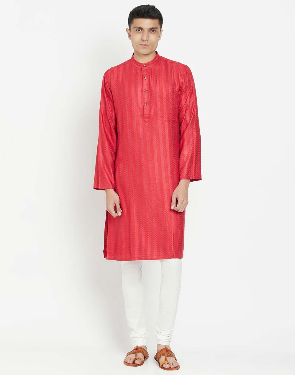 Red Viscose Blend Geometric Kurta Long