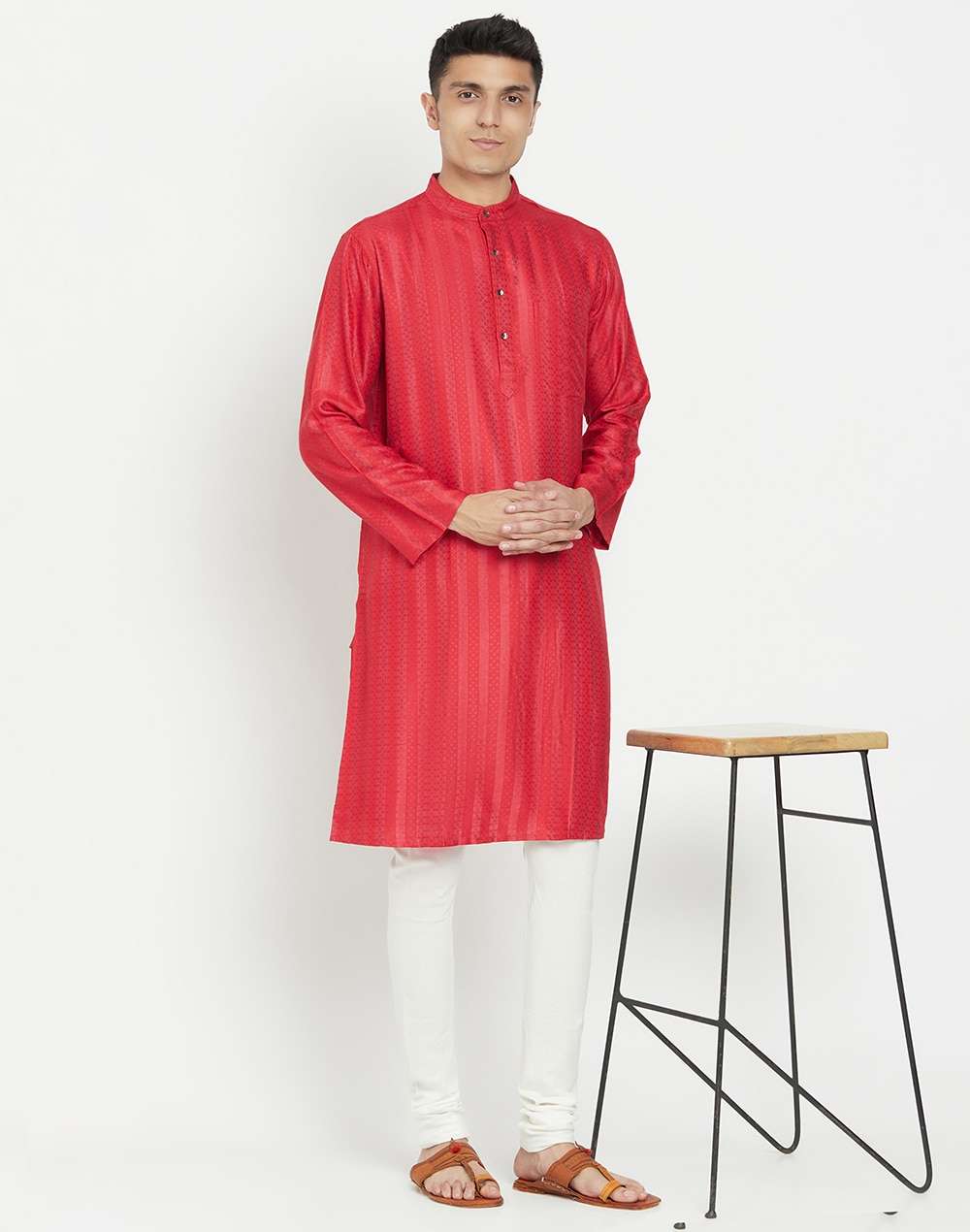 Red Viscose Blend Geometric Kurta Long