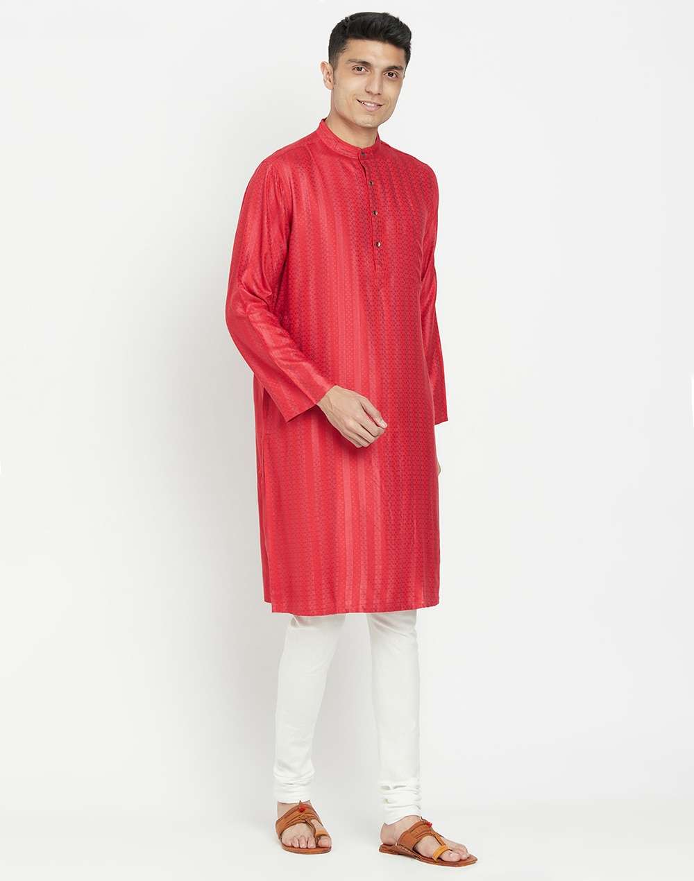 Red Viscose Blend Geometric Kurta Long