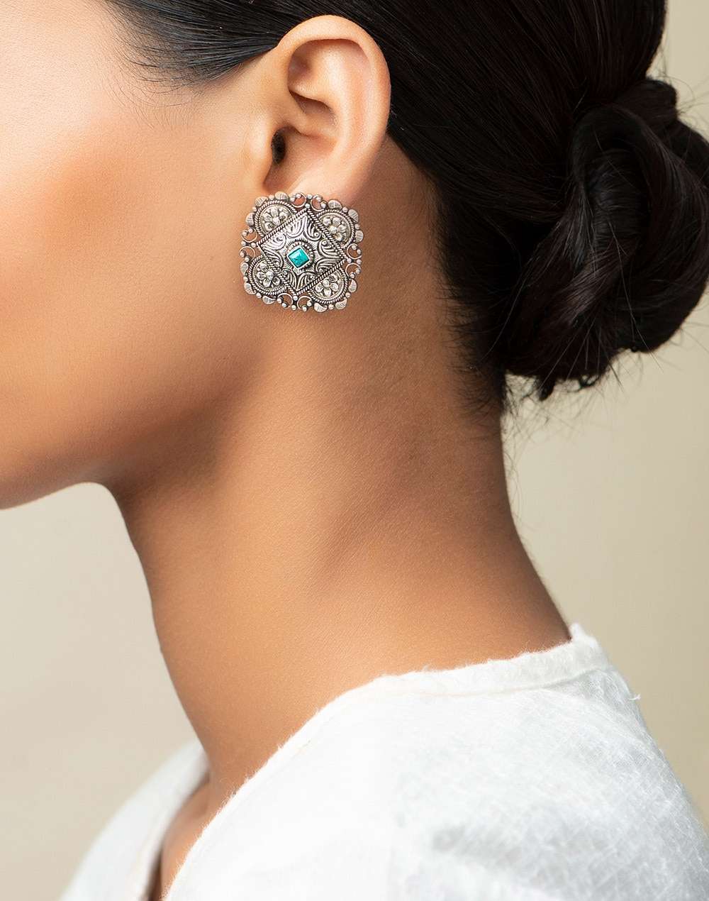 Silver Ethnic Stud Earrings