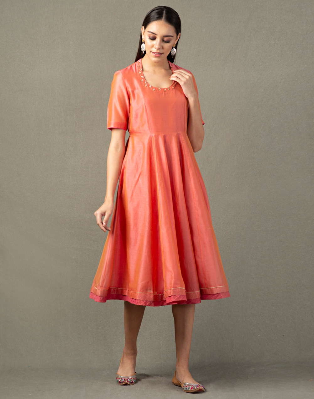 Cotton Silk Embroidered Calf Length Dress