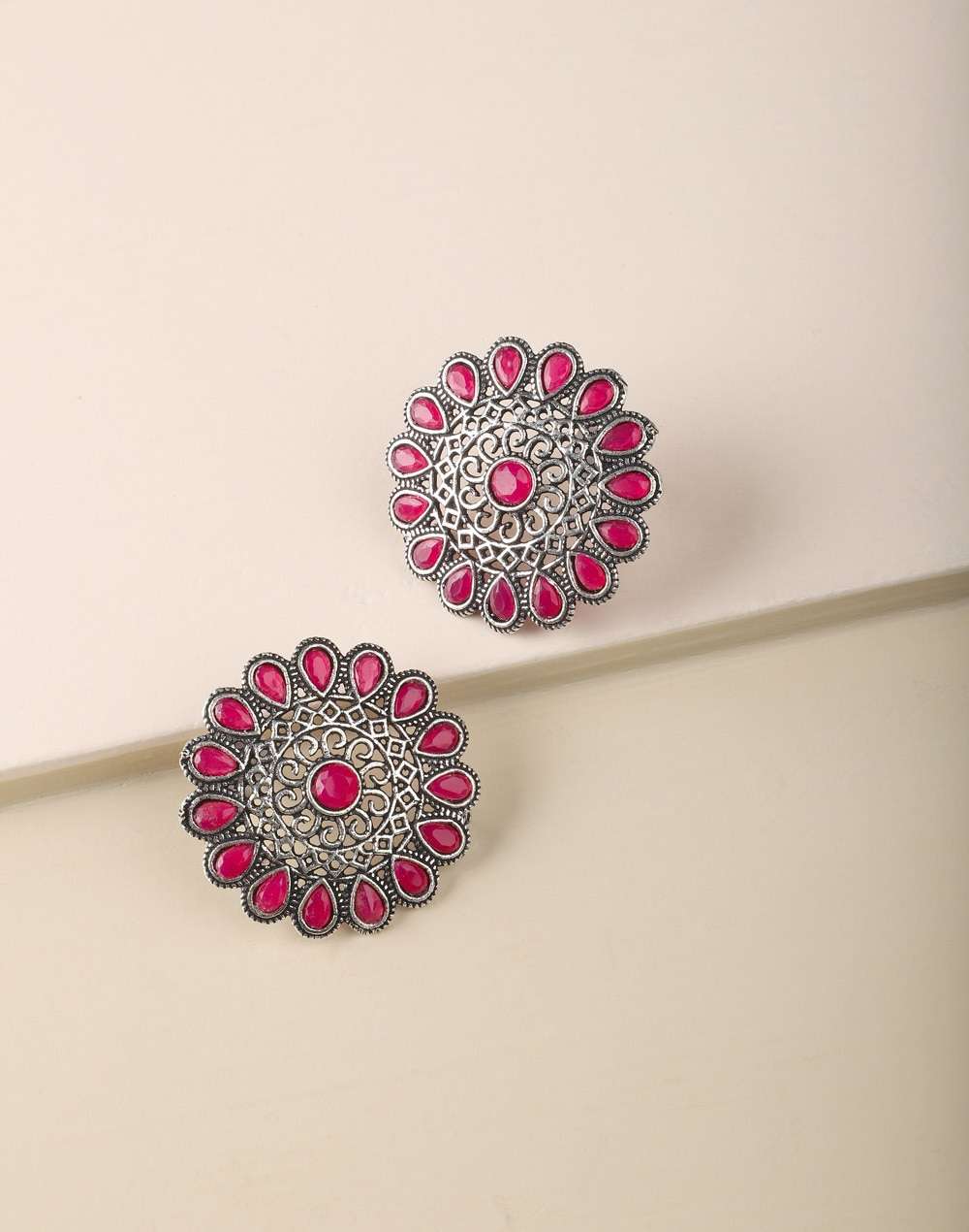 Metal Red Stone Stud Earrings