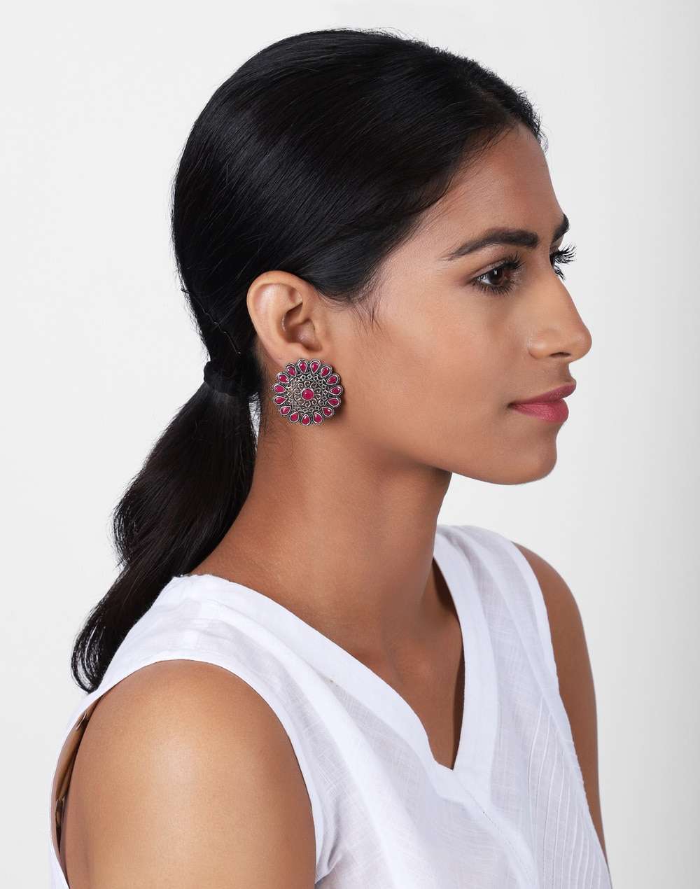 Metal Red Stone Stud Earrings