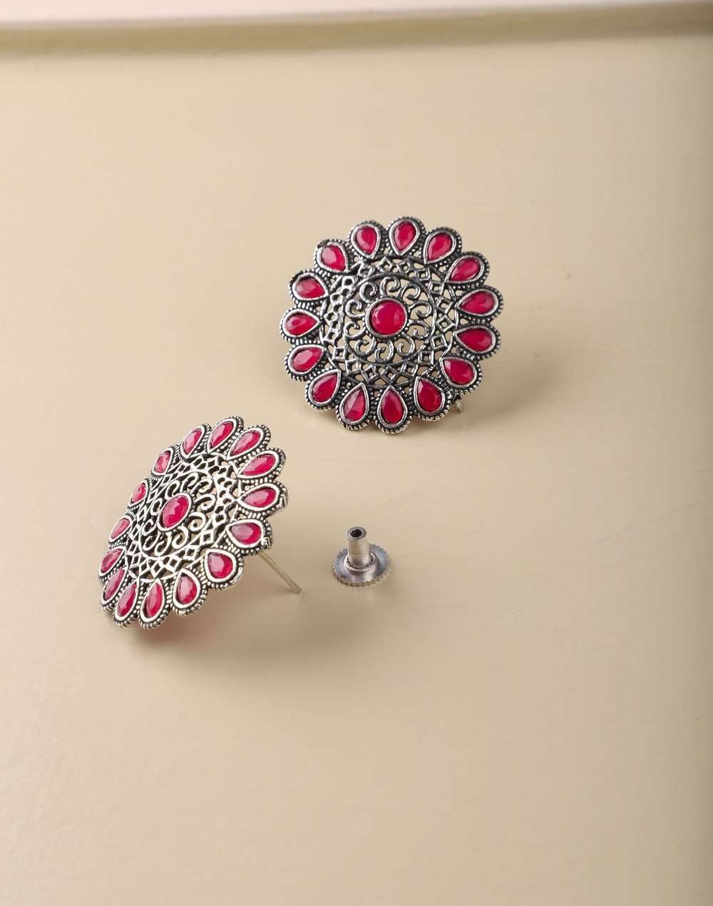 Metal Red Stone Stud Earrings