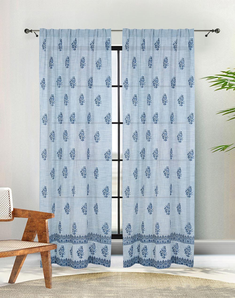 Blue Vanan Cotton Hand Block Print Curtain 9 Feet | 1pc