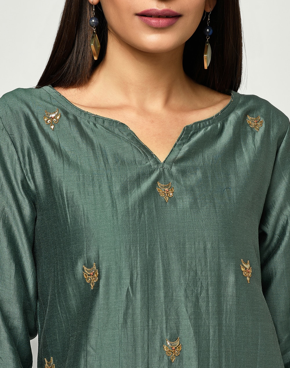 Buy Nuindian Green Cotton Silk Embroidered 2pc Kurta Set For Women Online At Fabindia 10675599