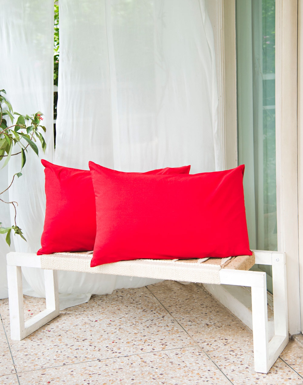 Red Cotton Woven Pillow Cover Set Of 2