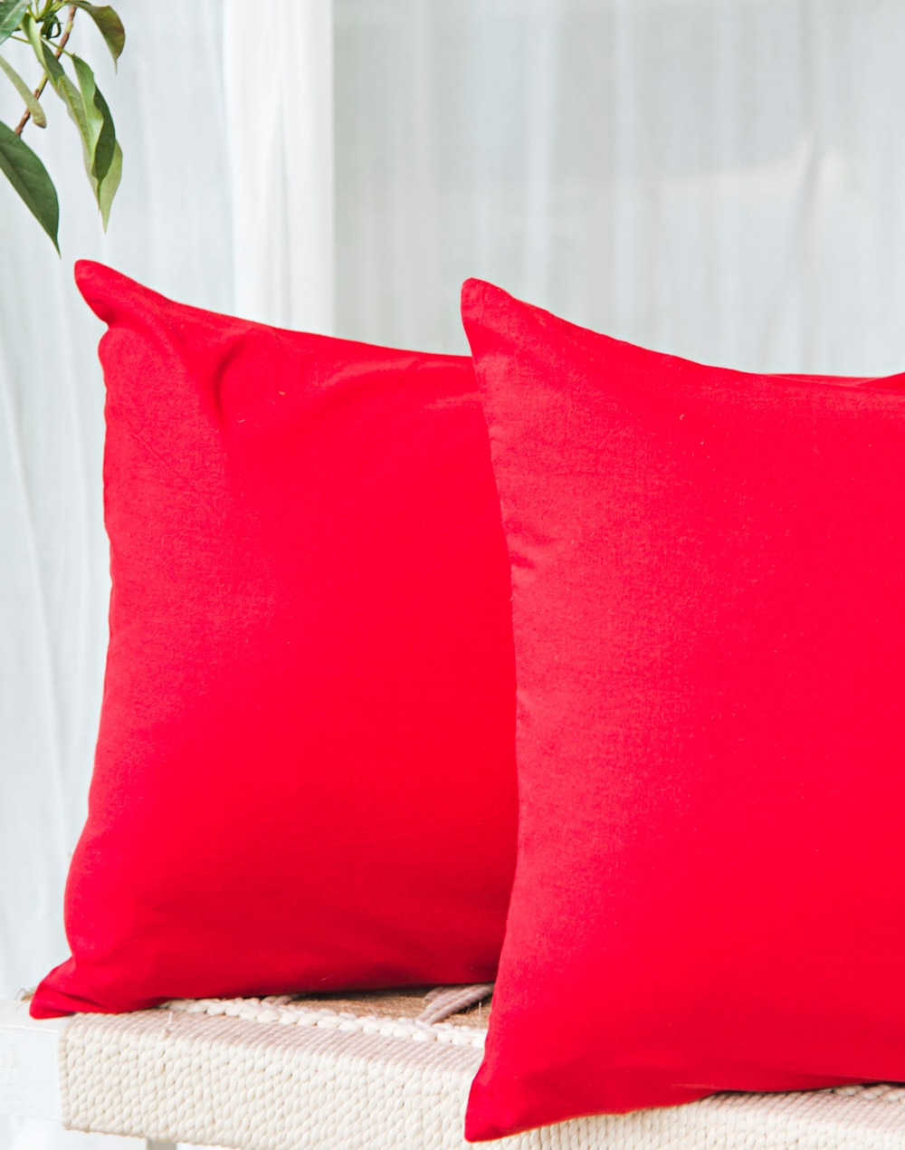 Red Cotton Woven Pillow Cover Set Of 2