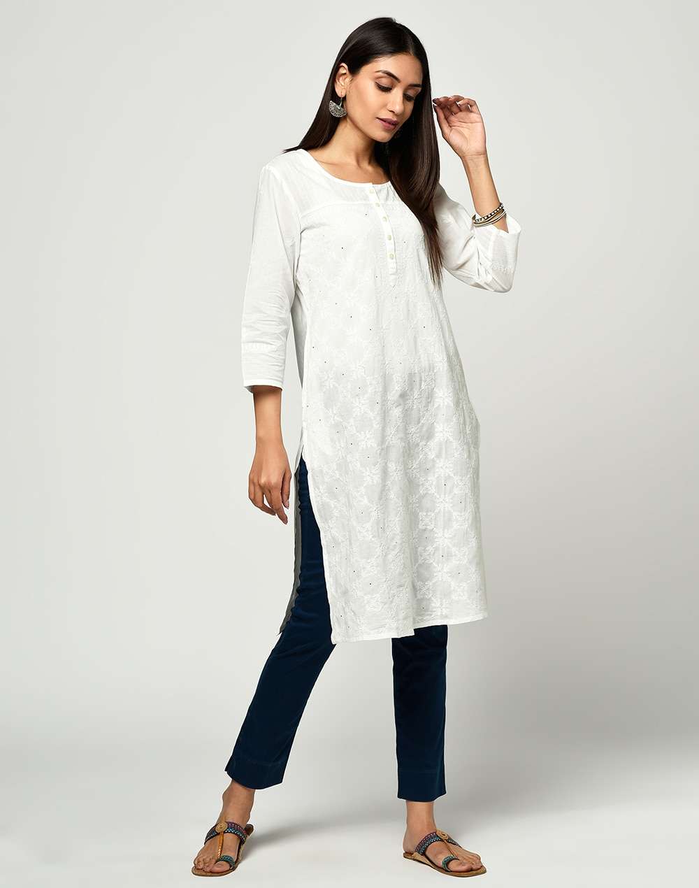 Cotton Chikankari Knee Length Kurta