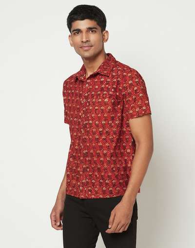 Red Cotton Printed Straight Fit Shirt Red Cotton Printed Straight Fit Shirt