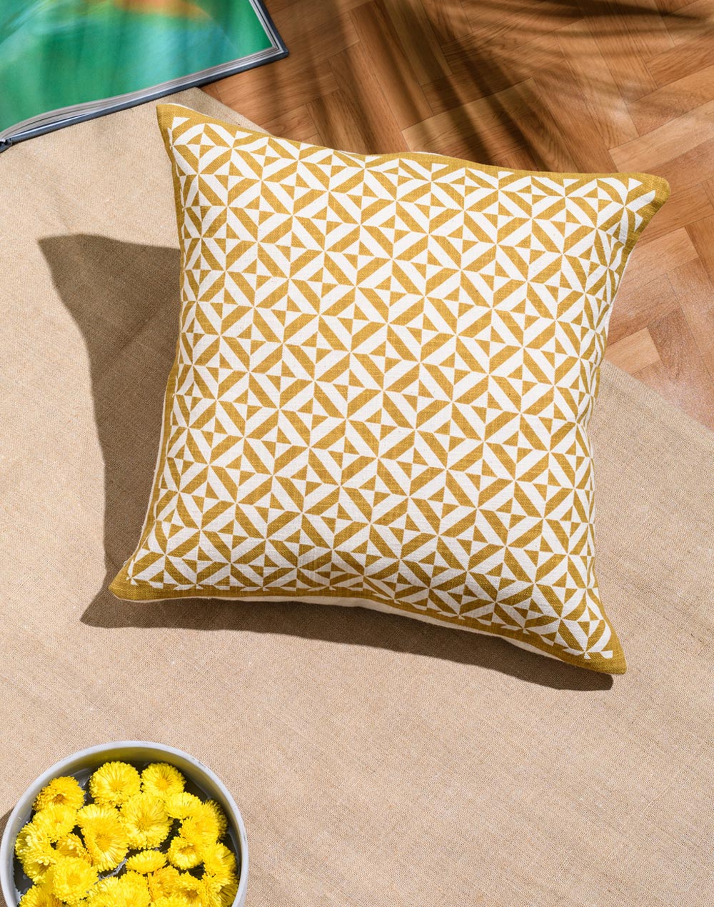 Yellow Siyahi Cotton Hand Block Print Cushion Cover 40X40