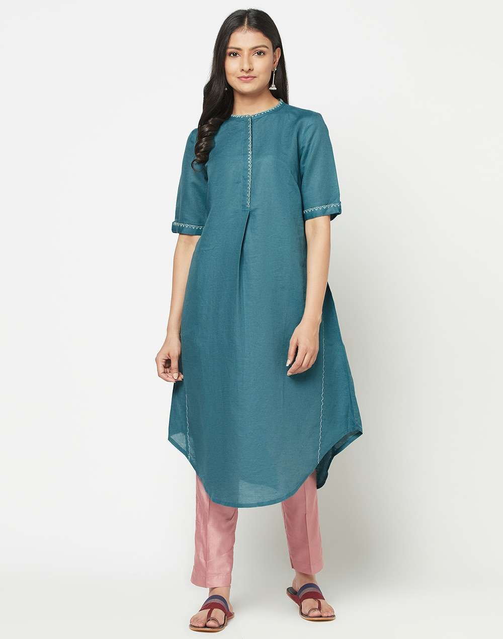 Linen Cotton Embroidered Long Kurta