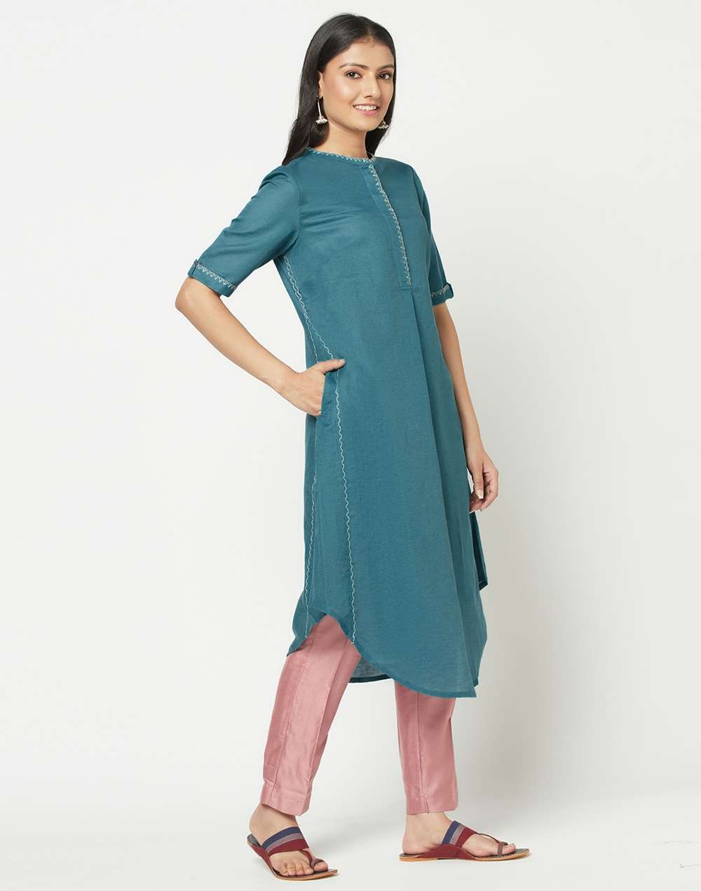 Linen Cotton Embroidered Long Kurta