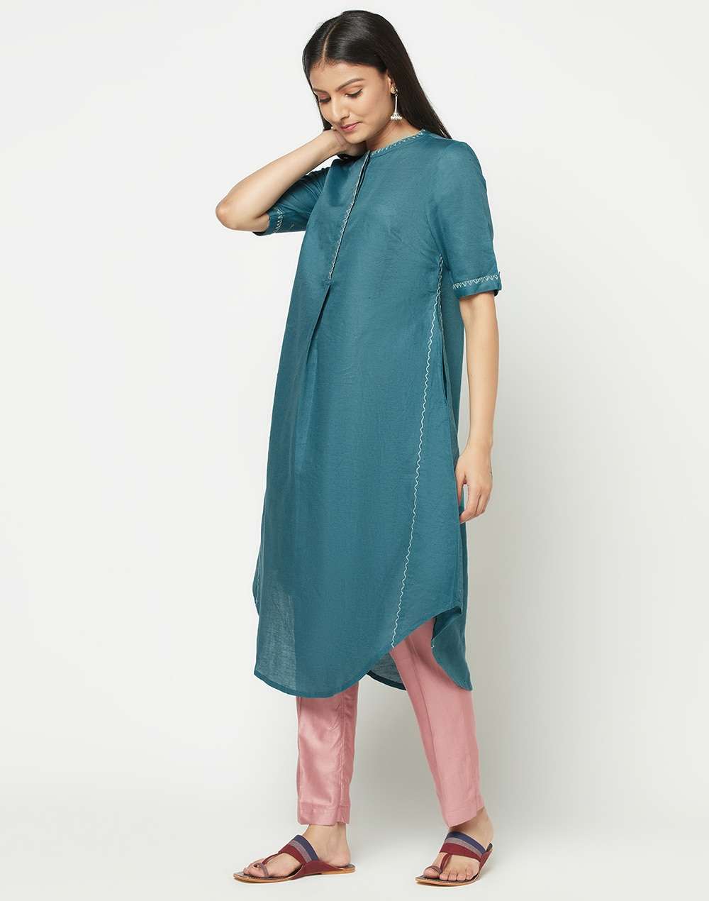 Linen Cotton Embroidered Long Kurta