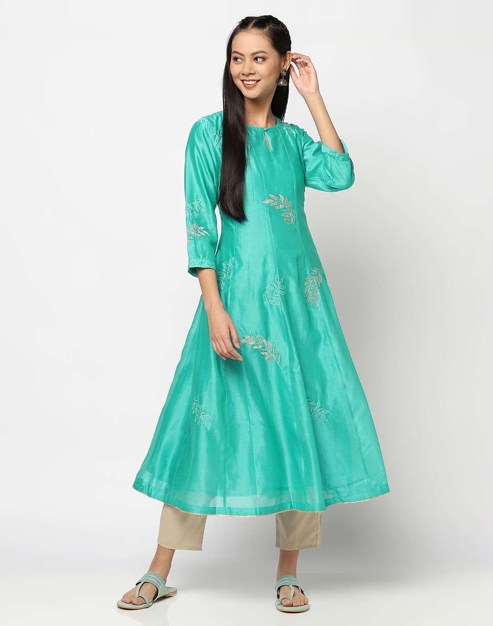Cotton Silk Applique Slim Fit Long Kurta