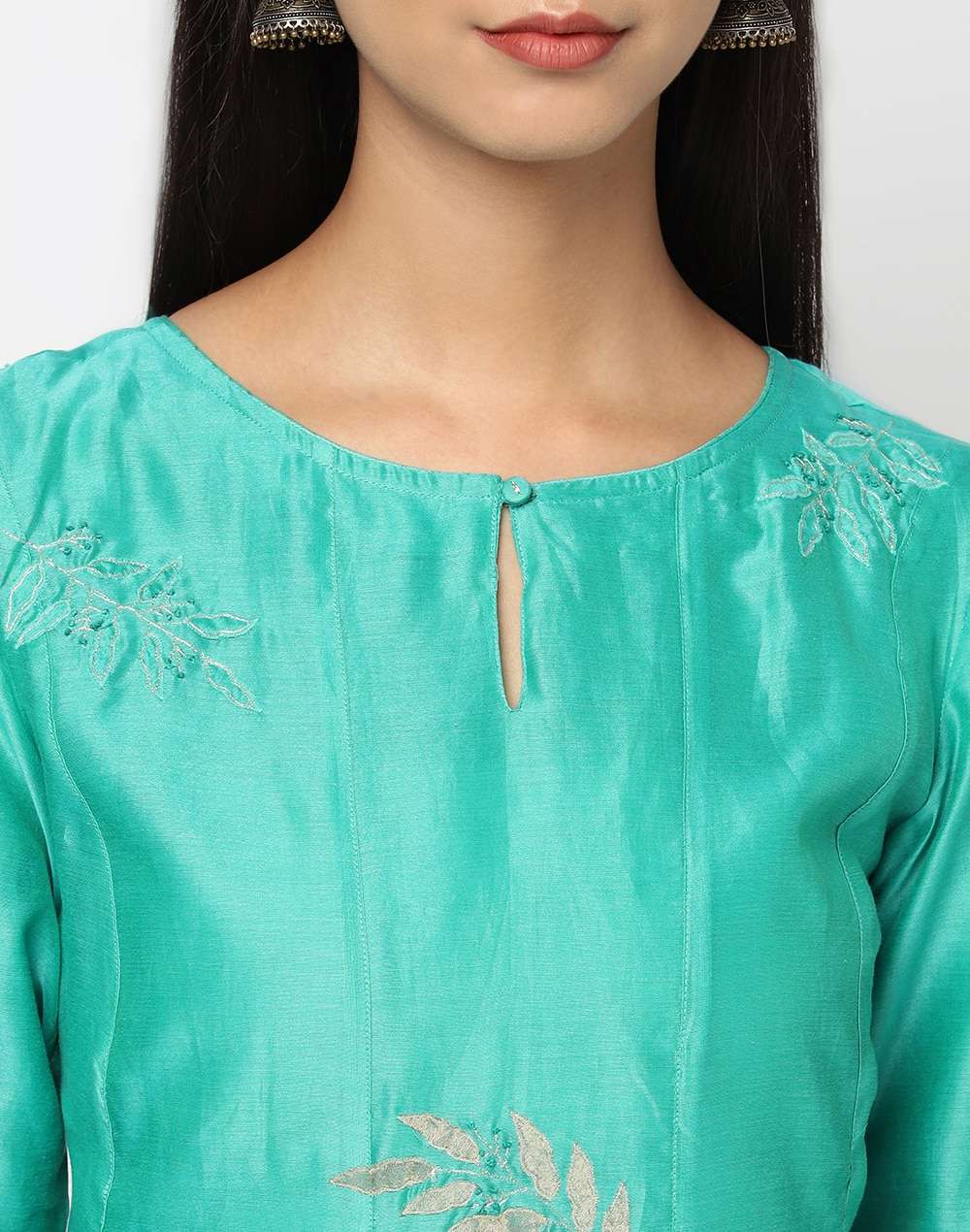 Cotton Silk Applique Slim Fit Long Kurta