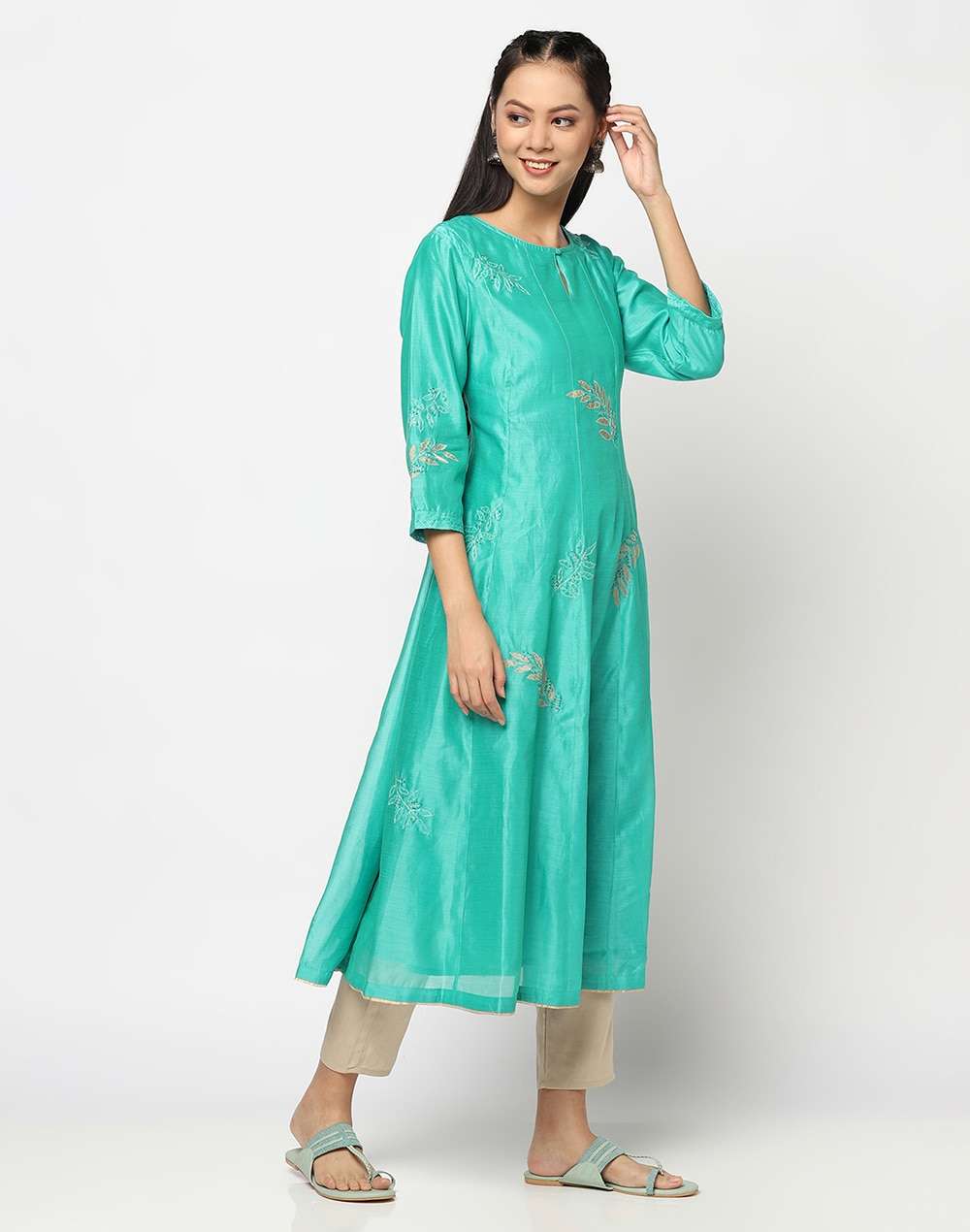 Cotton Silk Applique Slim Fit Long Kurta