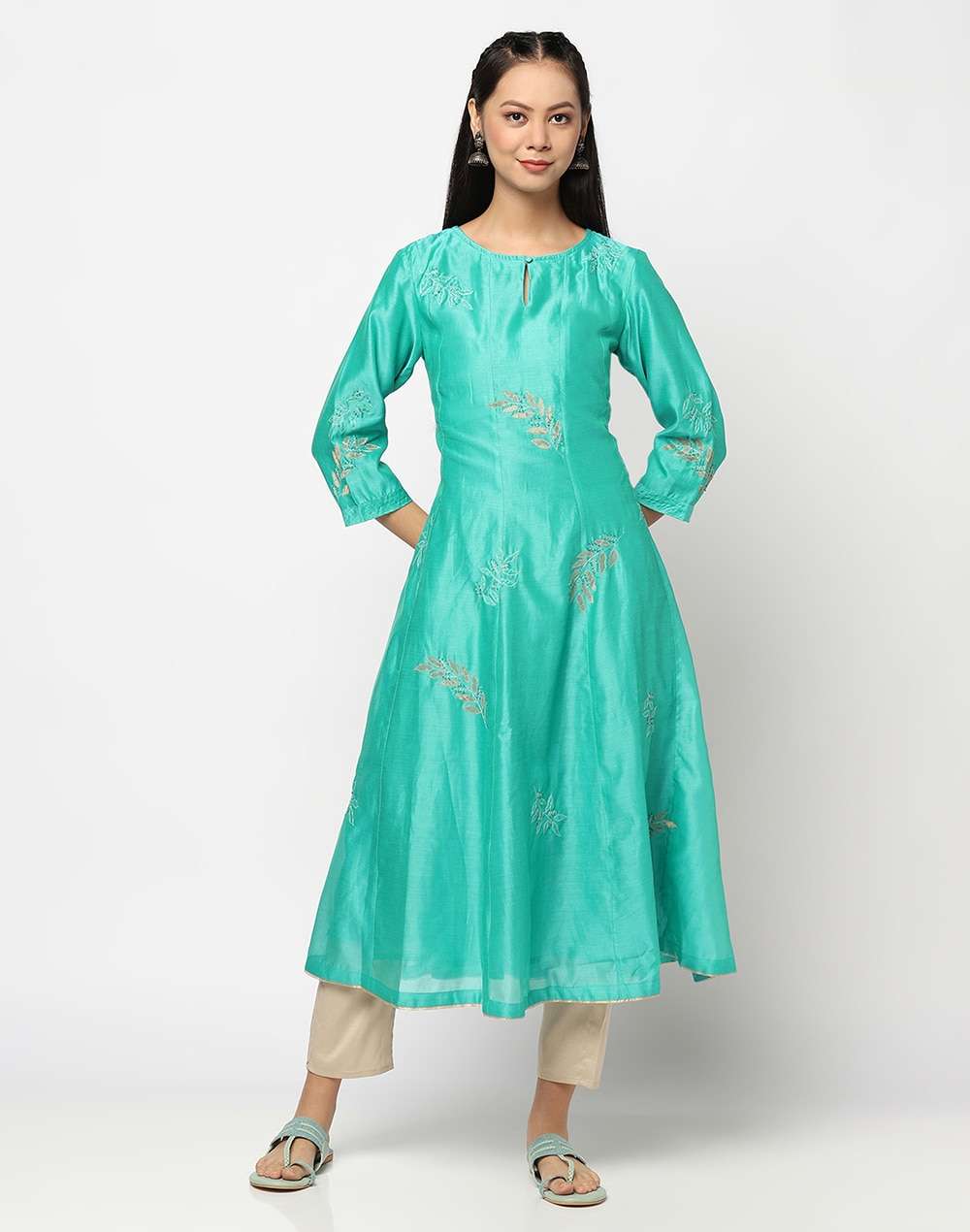 Cotton Silk Applique Slim Fit Long Kurta