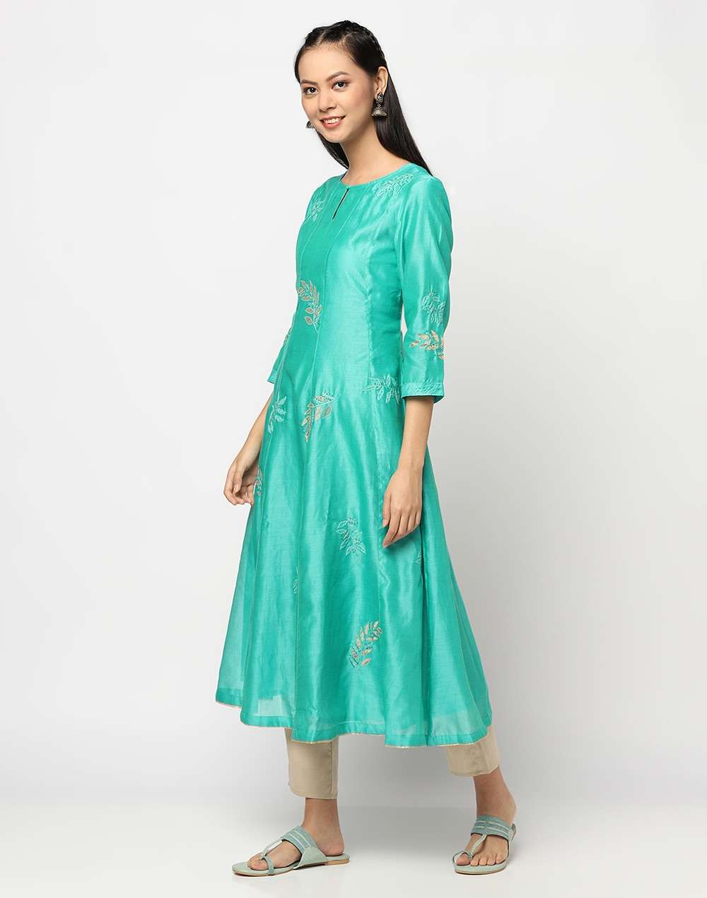 Cotton Silk Applique Slim Fit Long Kurta