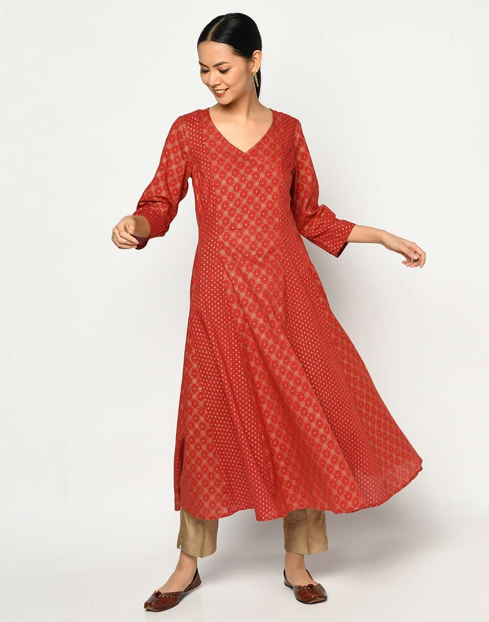 Cotton Printed Overlap Slim Fit Long Kurta