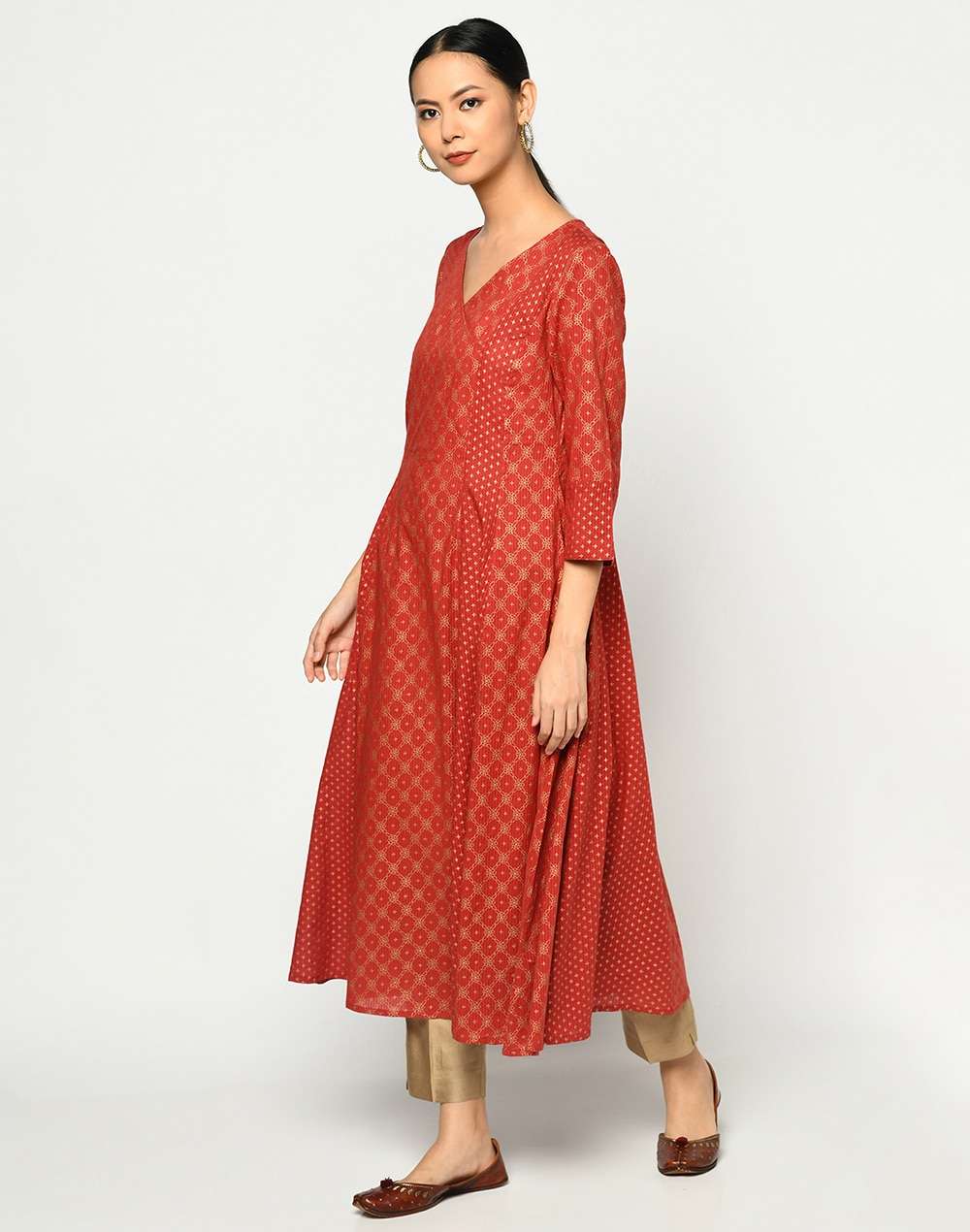 Cotton Printed Overlap Slim Fit Long Kurta