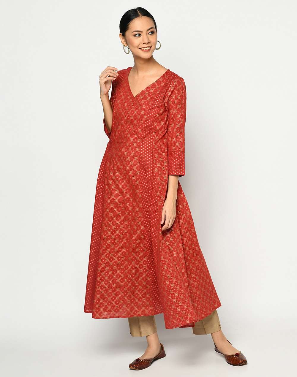 Cotton Printed Overlap Slim Fit Long Kurta