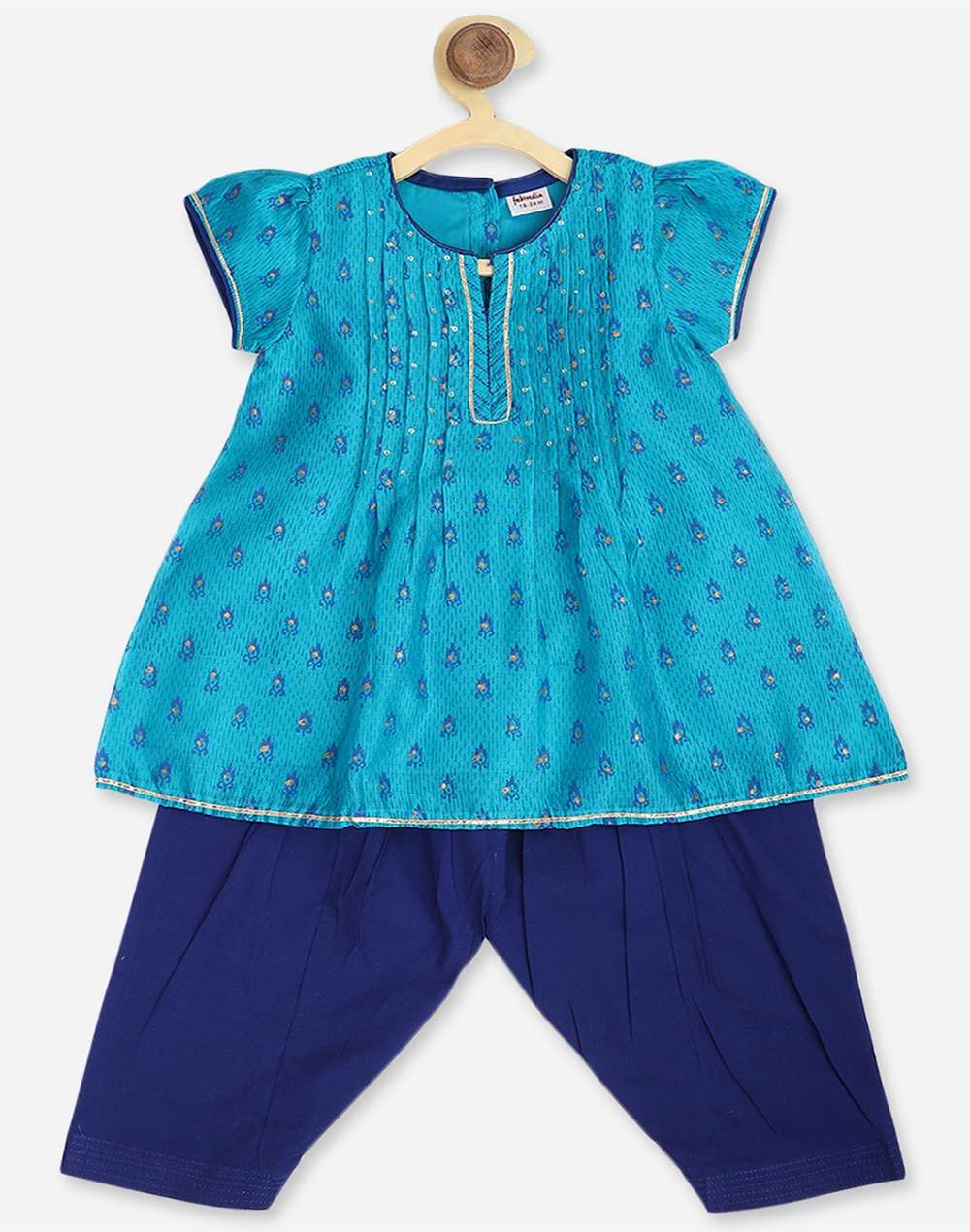 Teal Cotton Silk Hand Block Printed A-line Salwar Set