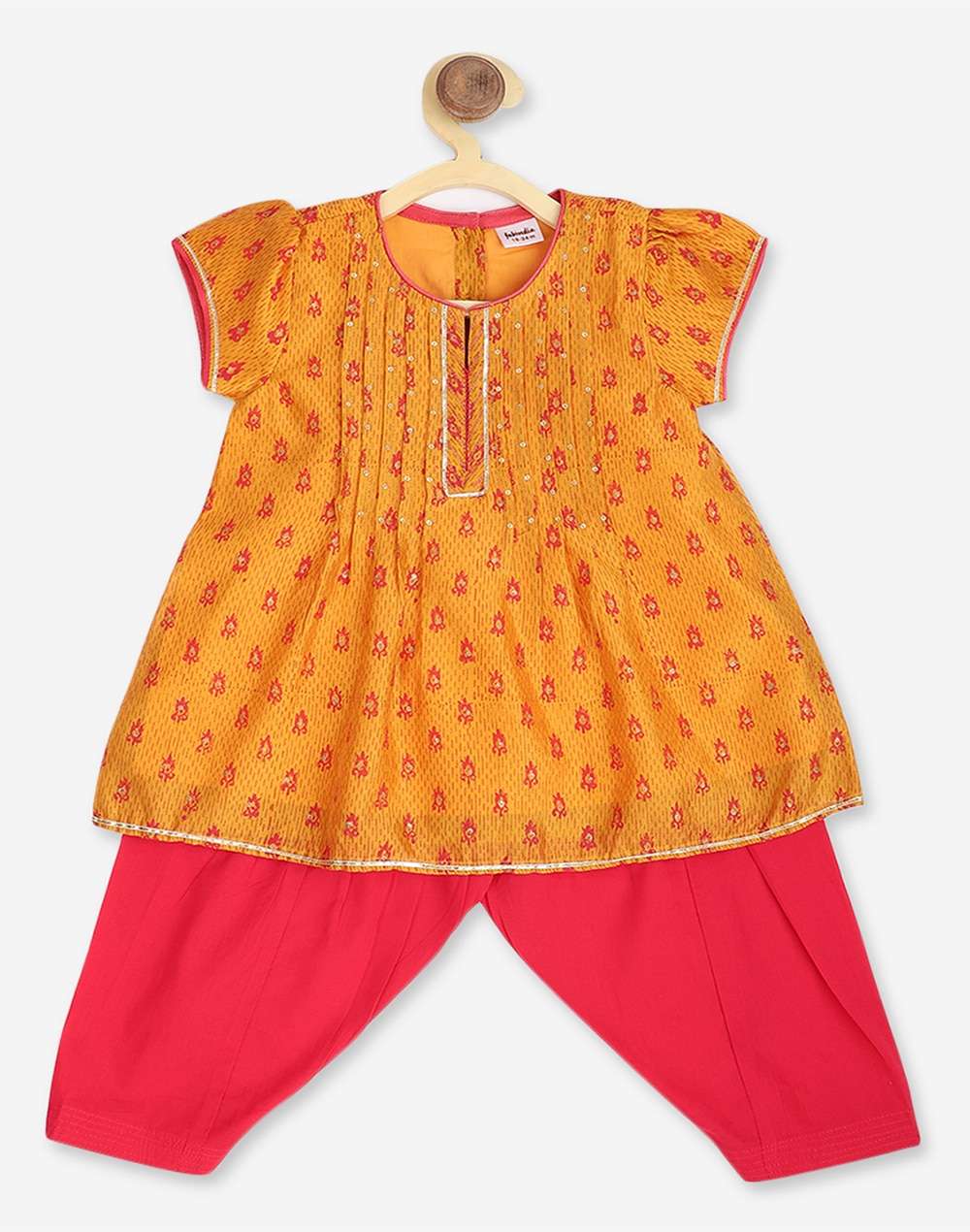 Yellow Cotton Silk Hand Block Printed A-line Salwar Set