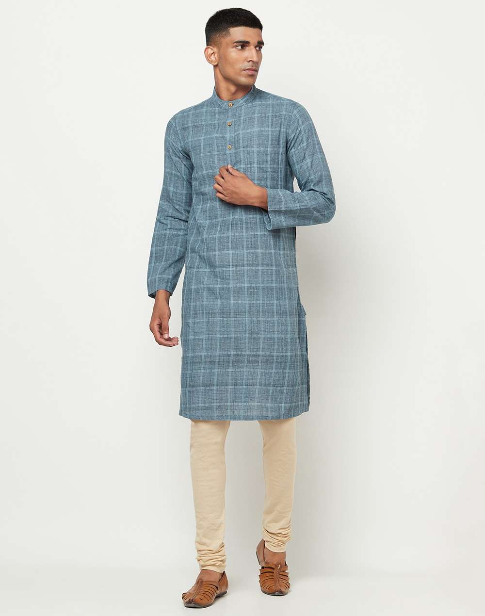 Blue Cotton Geometric Long Kurta