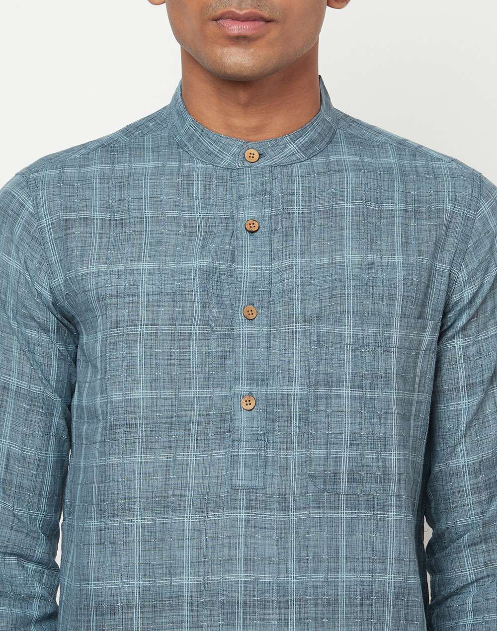 Blue Cotton Geometric Long Kurta