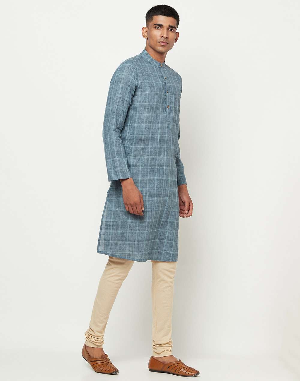 Blue Cotton Geometric Long Kurta
