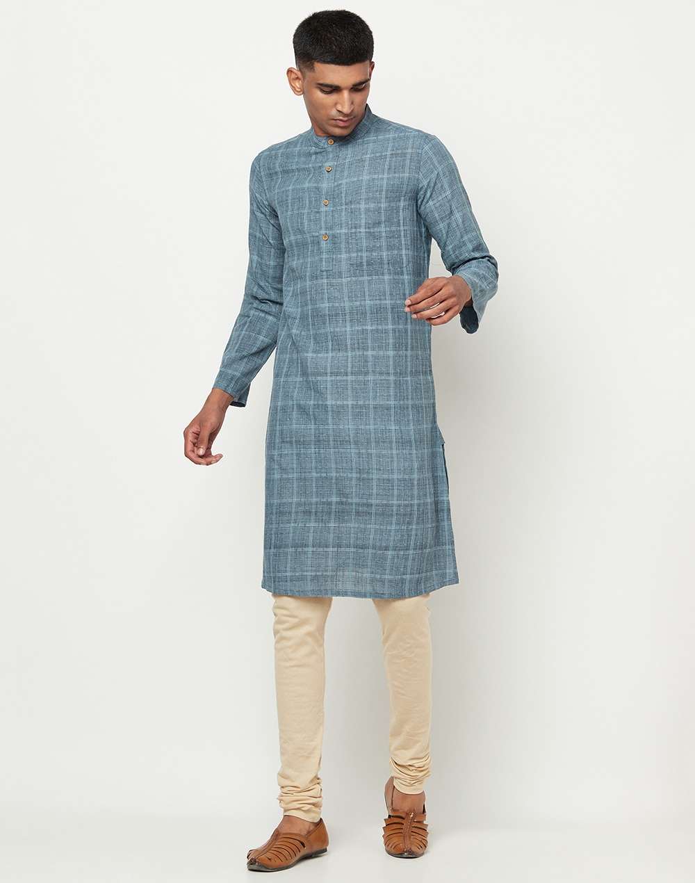 Blue Cotton Geometric Long Kurta
