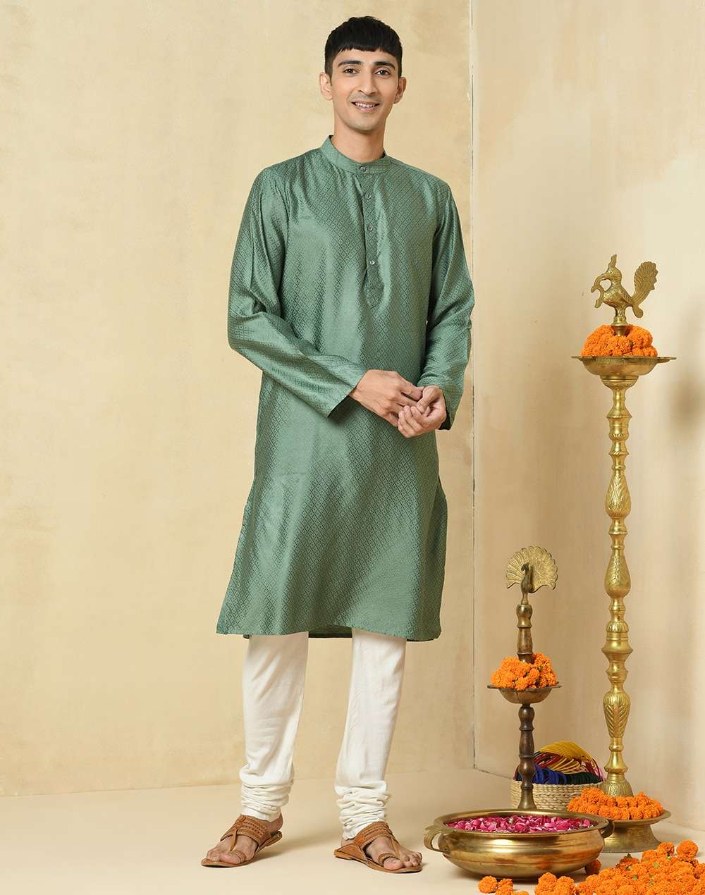 Green Viscose Blend Geometric Slim Fit Long Kurta