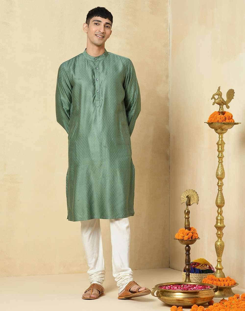Green Viscose Blend Geometric Slim Fit Long Kurta